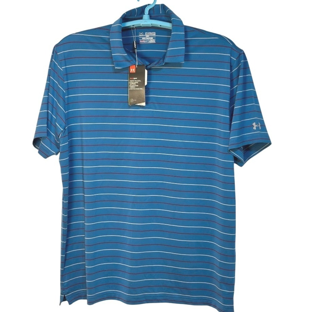 Under Armour HeatGear Athletic Blue Striped Short Sleeve Golf Polo Shirt 2XL NWT